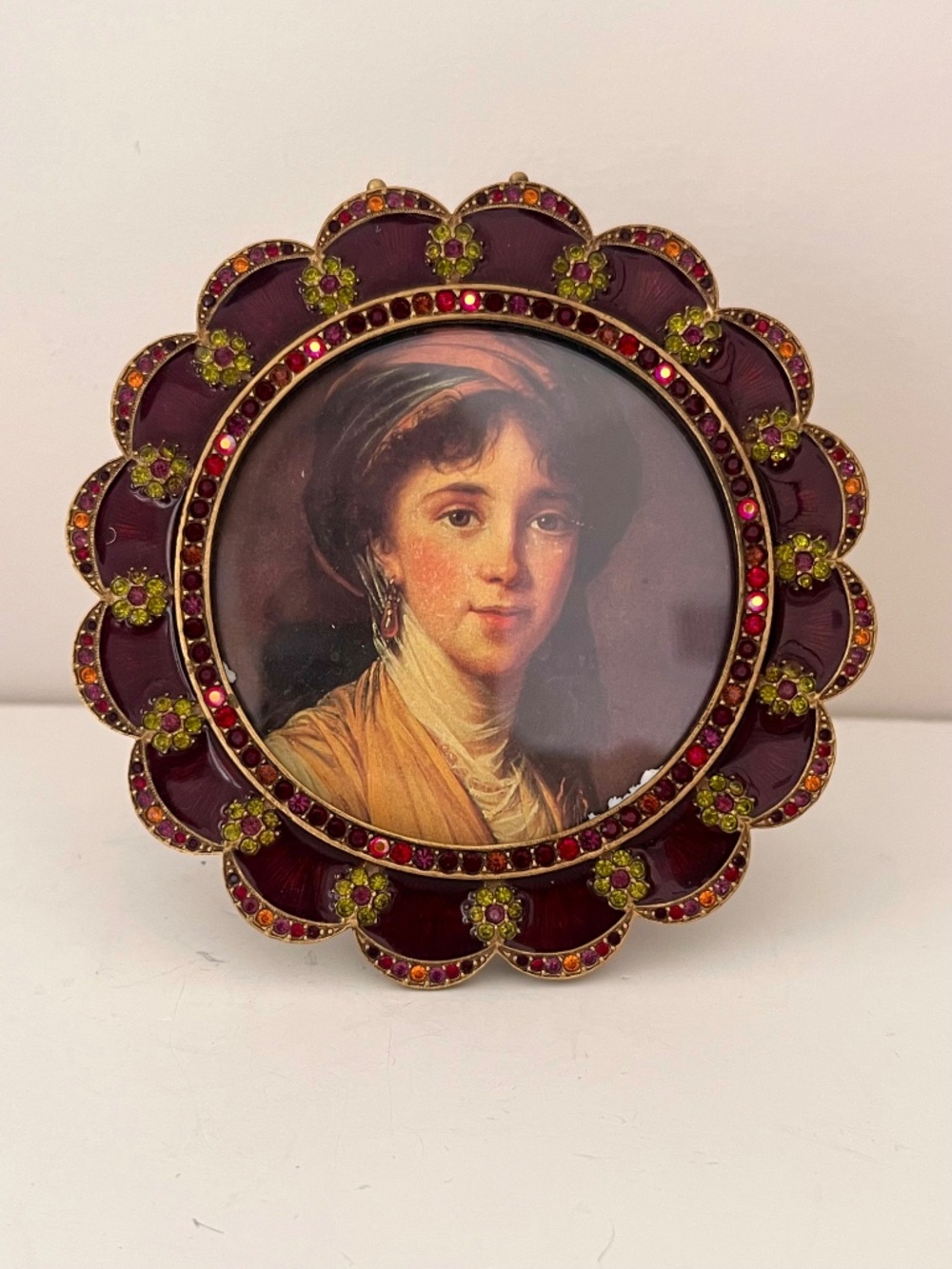 Jay Strongwater Round Mini Frame Burgundy Enamel Peridot Crystal Rosette Signed